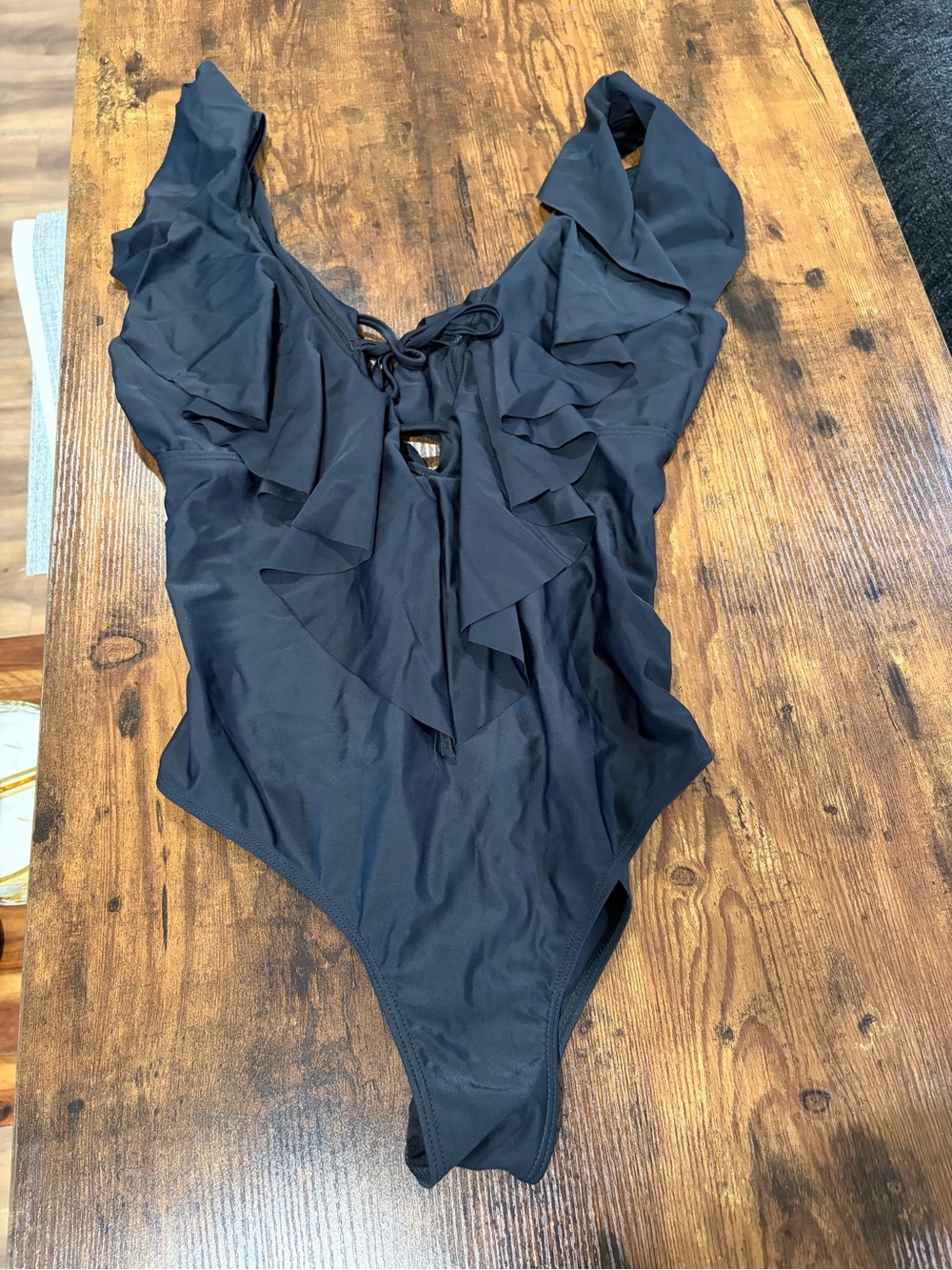 Ruffled V-Neck One-Piece Swimsuit — Black